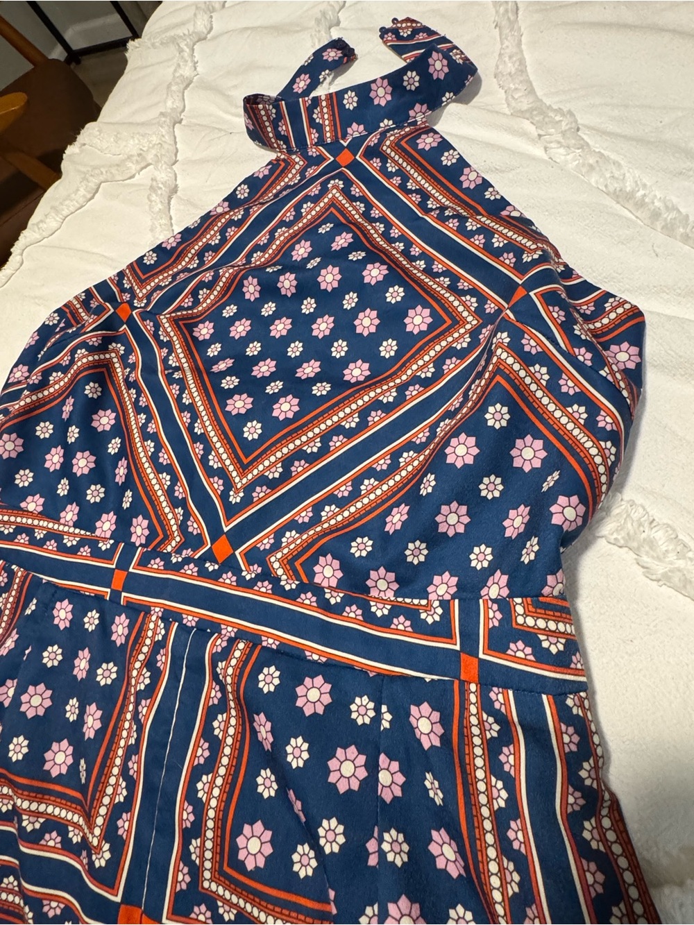 Lulu's Navy Halter Romper with Pink Floral & Orange Stripe